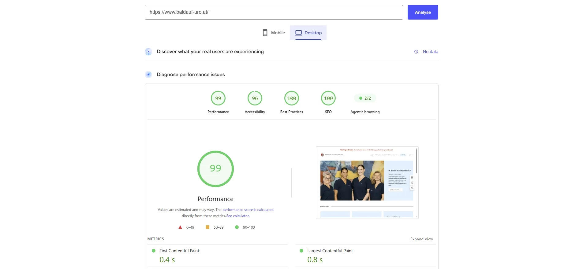 Core Web Vitals und Performance der Website von Dr. Bosede Baldauf