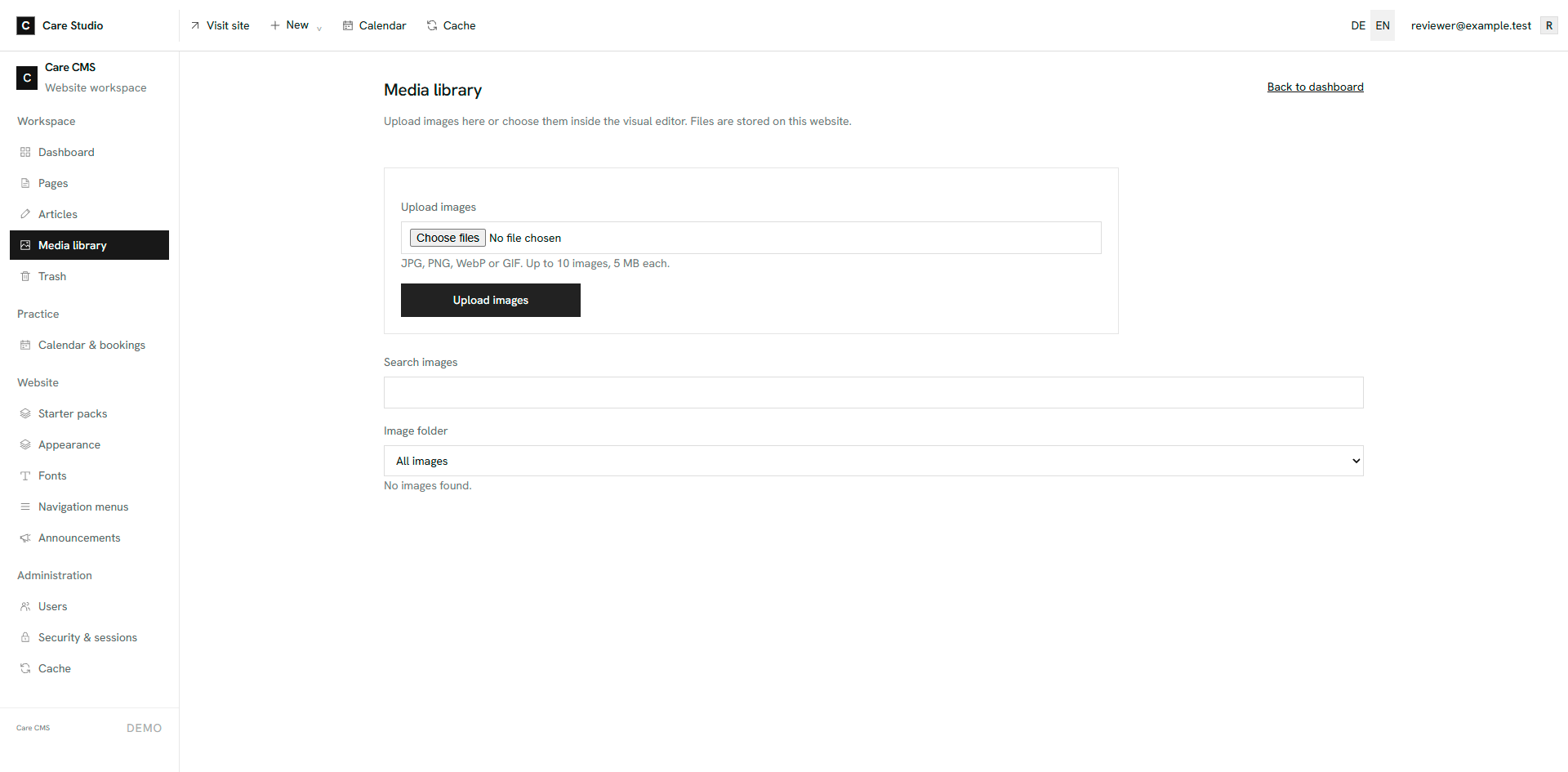 Care CMS backend showing content management, navigation and practice tools