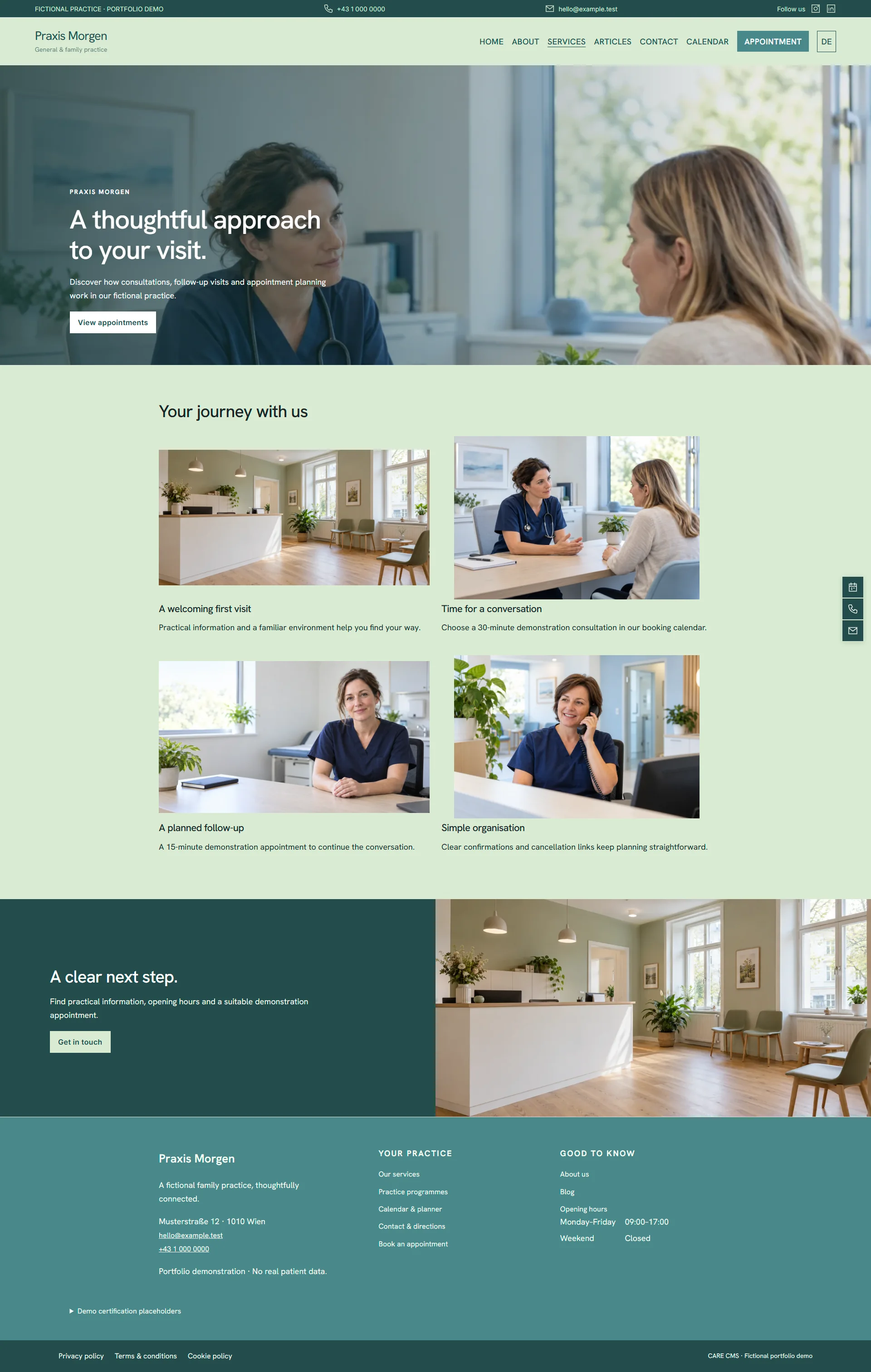 Care CMS example website for a fictional medical practice, showing navigation, services and contact information
