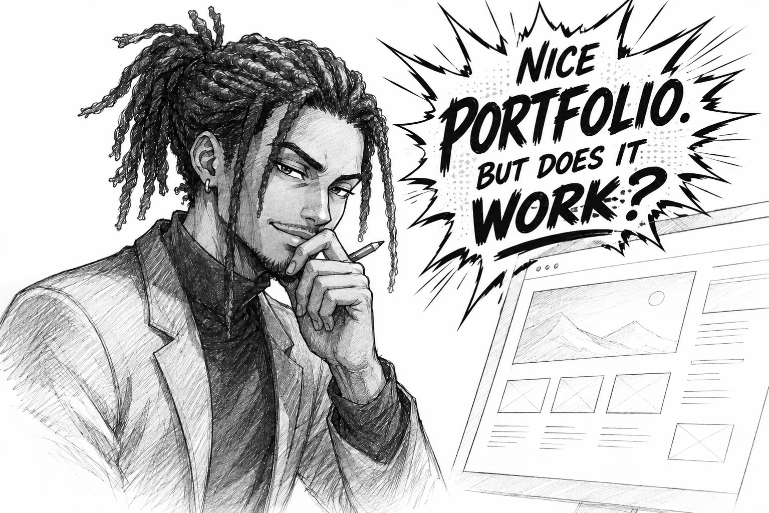 Schwarz-weiße Comic-Illustration zum Thema Webdesigner auswählen