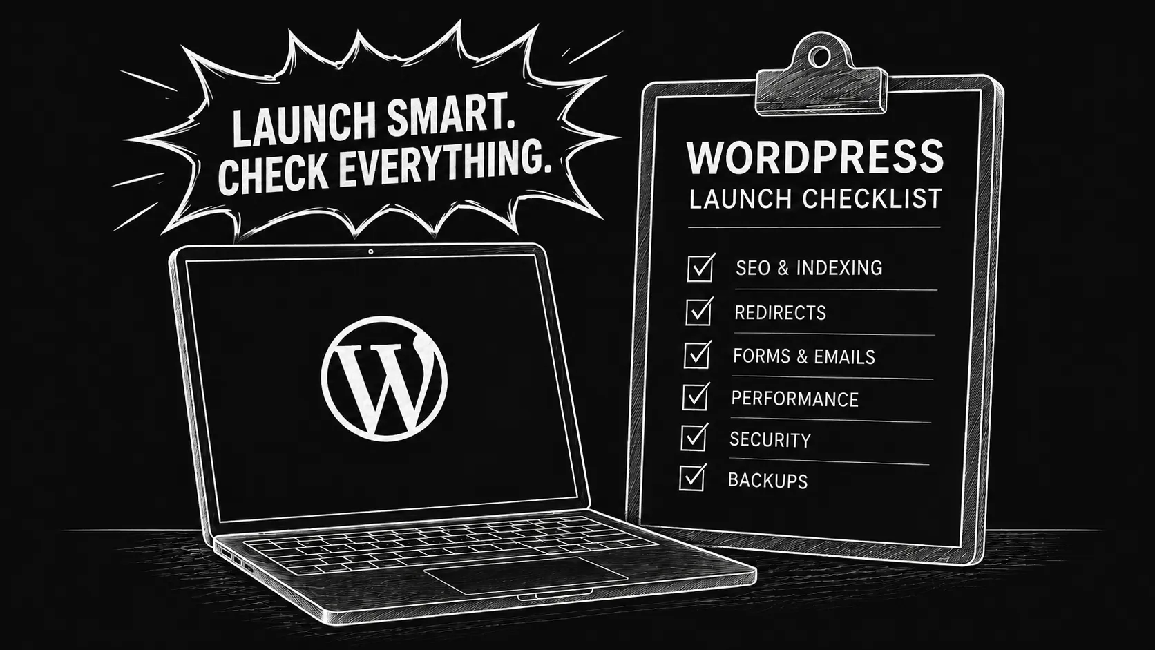 Illustration einer WordPress Launch Checkliste mit Laptop und Checkliste